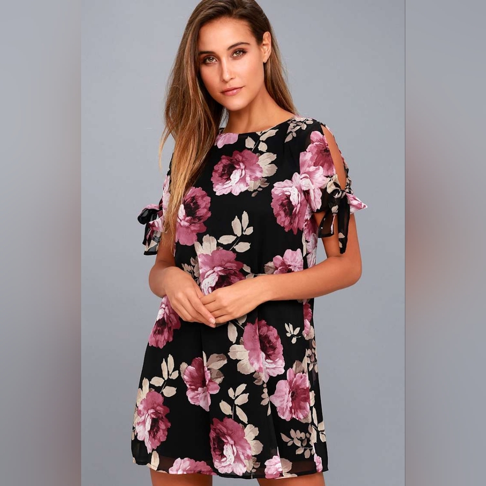 Lulu's Black Dress with Pink and Tan Floral Design